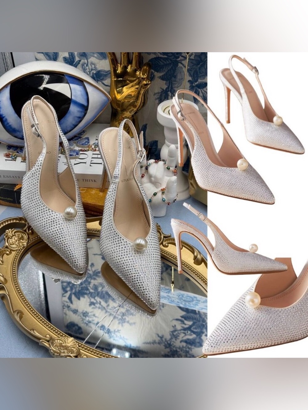 Black Suede Studio Silver Crystal Slingback Pumps with Pearl Accent